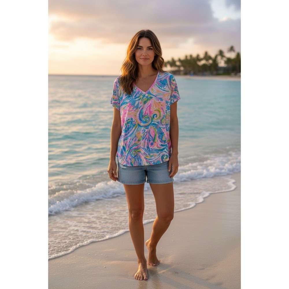 New Lilly Pulitzer Etta Top V Neck T Shirt Knit Size XL Carnival Coral X Large - Picture 4 of 9